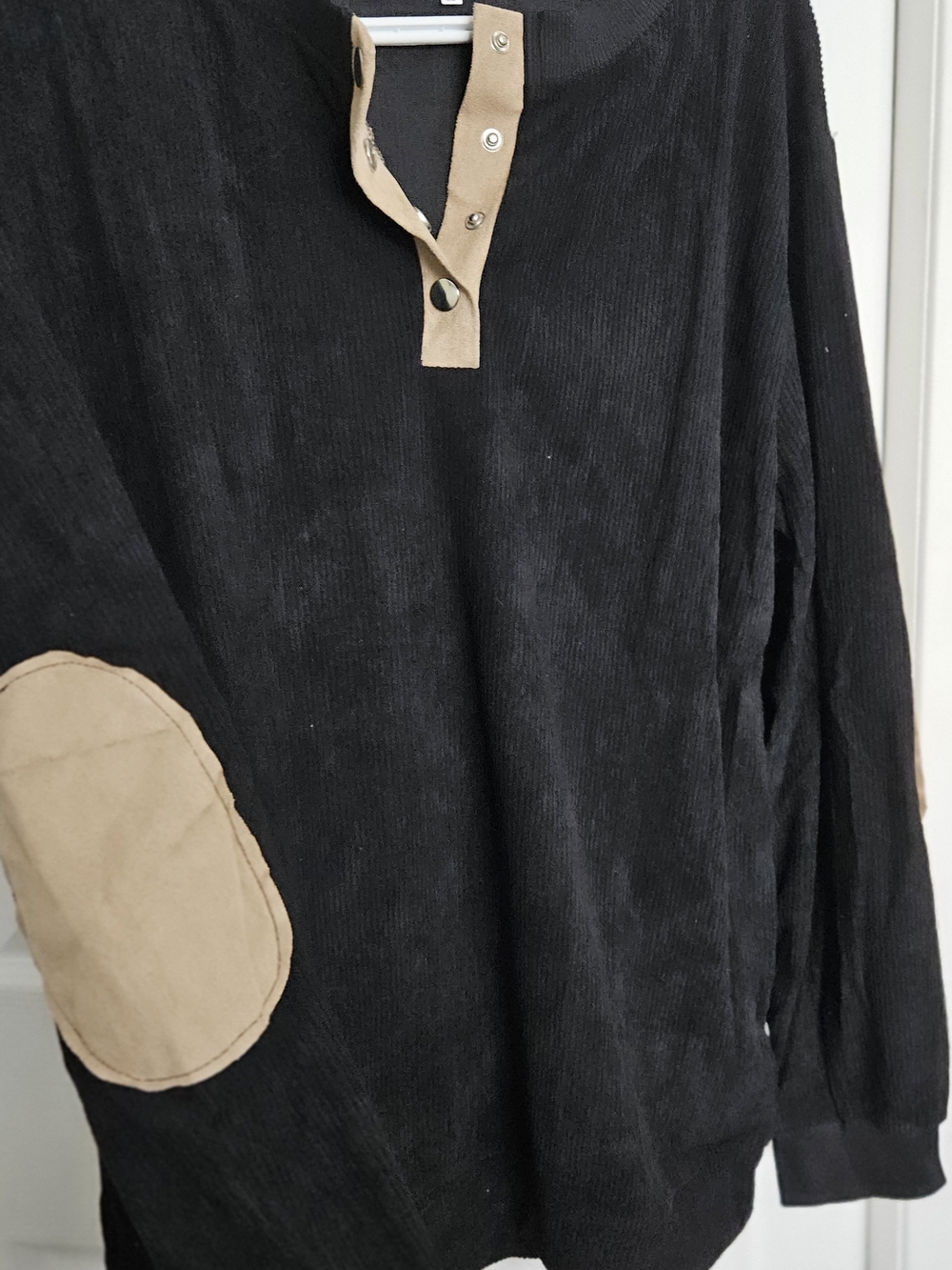 Black Corduroy Henley Top with Tan Patch Detail